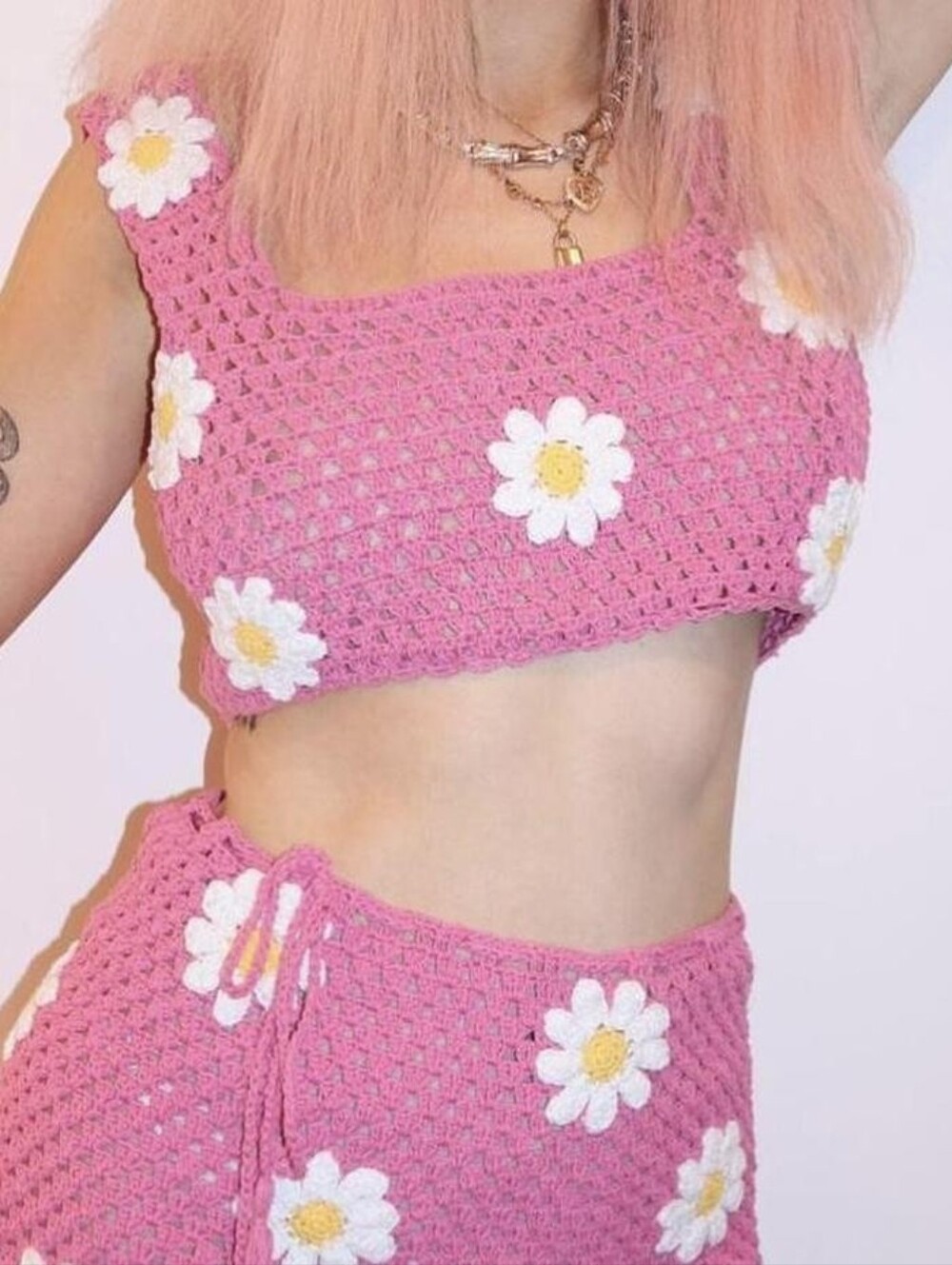 Boho Pink Crochet Daisy Floral Crop Tank Top Summer Beach Size Large
